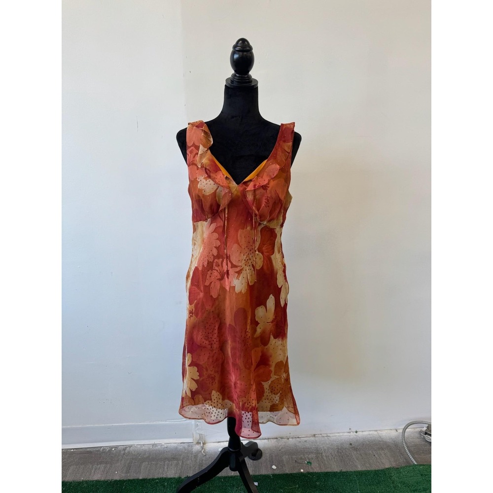 Vintage Fashion Bug‎ Dress 12 Orange Red Floral Chiffon V Neck Lined Made USA
